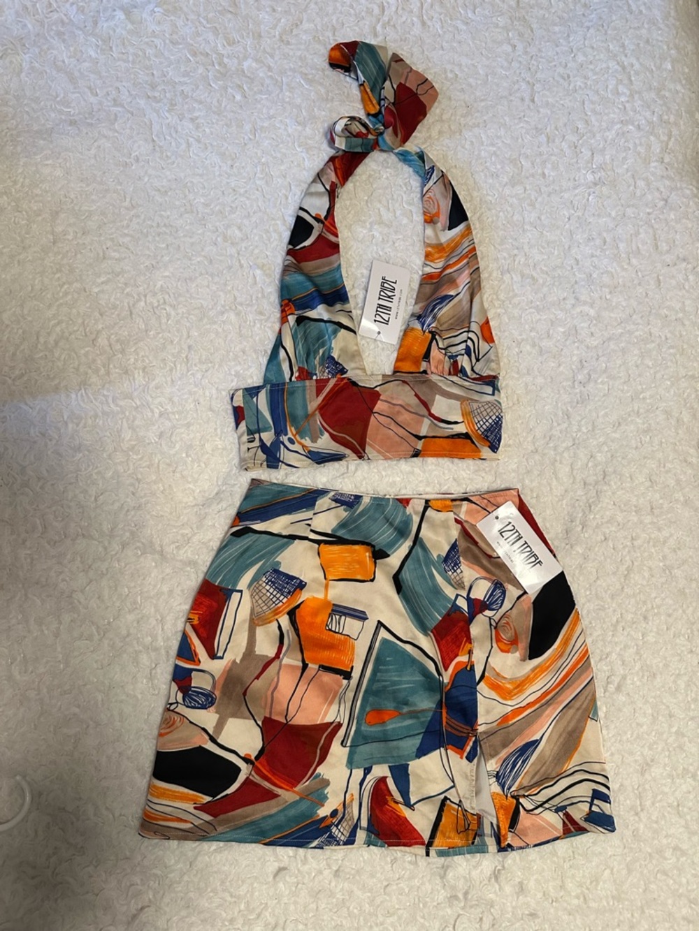 12th Tribe Multicolor Abstract Print Skirt Set - Teal, Rust, Orange, Blue
